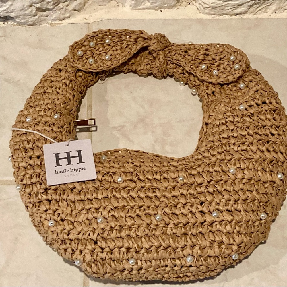 NWT Haute Hippie woven raffia hobo handbag featuring faux pearl embellishment